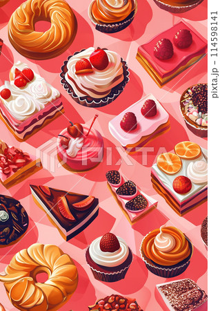 Pop art style geometry pattern with various desserts for bakery 114598141