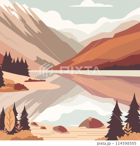 Rocky Mountain Scenery with Lake River and Pine Tree in Forest 114598505