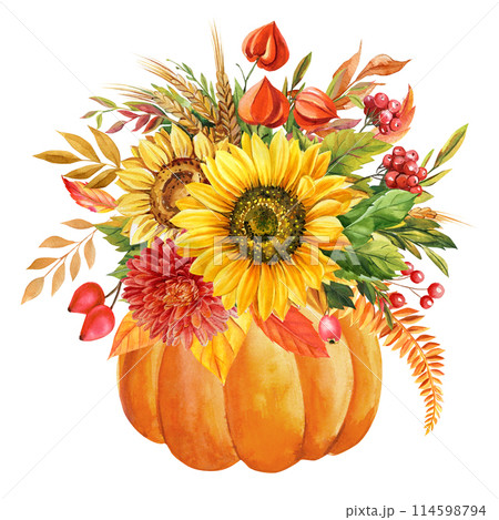 Pumpkin, sunflower flowers, leaves Watercolor. Vintage Fall botanical painting. Hand-painted autumn illustration clipart Pumpkin, sunflower flowers, leaves Watercolor. Vintage Fall botanical painting. Hand-painted autumn illustration clipart 114598794