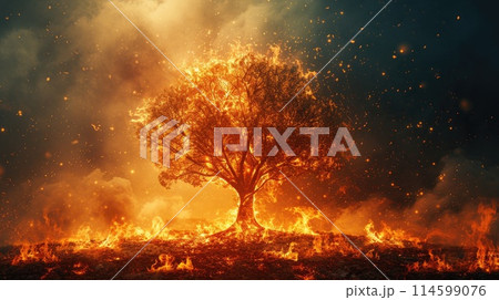 Forest fire representation. Generative AI 114599076