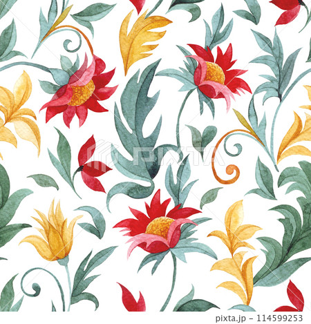 watercolor seamless pattern of red and yellow ornaments. oriental pattern on a white background 114599253