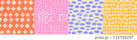 Retro childish groovy seamless pattern set. Colorful vintage aesthetic textile decor. 70s funky, trippy, psychedelic, floral, hippie, 60s, 70s, distorted patterns. Vector hand drawn illustration. 114599297