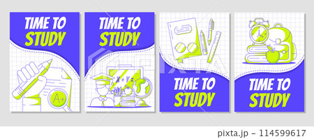 Set of back to school poster, vector modern minimalist design with school supplies. Pencil in hand, student, blackboard, backpack. Time to study, education concept. For banner, cover, flyer. A4 Set of back to school poster, vector modern minimalist design with school supplies. Pencil in hand, student, blackboard, backpack. Time to study, education concept. For banner, cover, flyer. A4 114599617