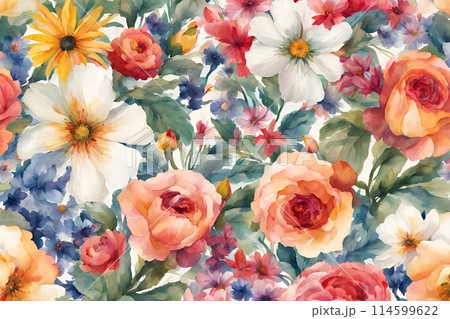 All Over Flower Pattern Digital Print Design watercolor traditional flower pattern Abstract background pattern 114599622