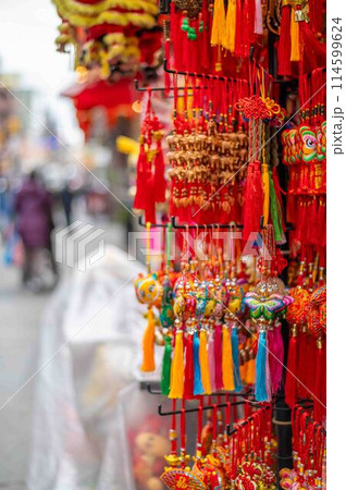 Chinatown colorful souvenir shop street display with copy space 114599624