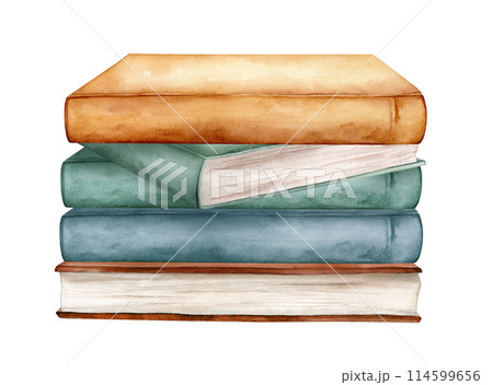 Watercolor illustration stacks of books for reading, pile of textbooks for education. Set of literature, dictionaries, encyclopedias. Colored illustration isolated on white background. Watercolor illustration stacks of books for reading, pile of textbooks for education. Set of literature, dictionaries, encyclopedias. Colored illustration isolated on white background. 114599656