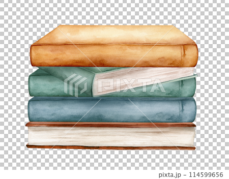 Watercolor illustration stacks of books for reading, pile of textbooks for education. Set of literature, dictionaries, encyclopedias. Colored illustration isolated on white background. 114599656