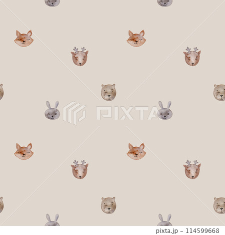 Watercolor baby seamless pattern with forest animals. Simple seamless trendy wallpaper with stain head fox, hare, bear, deer. Hand drawing cartoon illustration on isolated background. Watercolor baby seamless pattern with forest animals. Simple seamless trendy wallpaper with stain head fox, hare, bear, deer. Hand drawing cartoon illustration on isolated background. 114599668