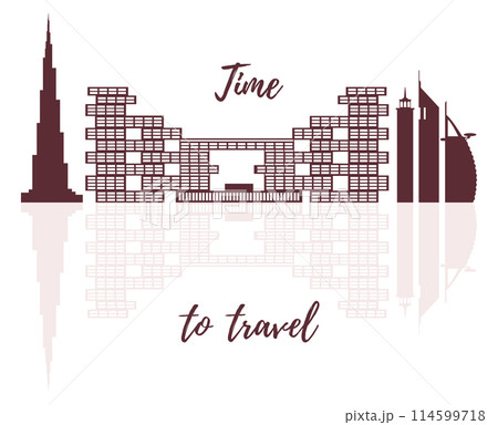 United Arab Emirates skyscrapers silhouette. Dubai buildings, hotels and symbol vector illustration. Dubai city skyline. Towers and landmarks cityscape. Camel. Design for banner, poster or print. United Arab Emirates skyscrapers silhouette. Dubai buildings, hotels and symbol vector illustration. Dubai city skyline. Towers and landmarks cityscape. Camel. Design for banner, poster or print. 114599718