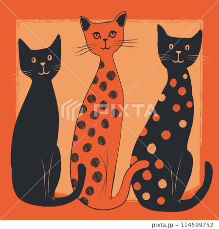 Stylized drawing design cat. Doodle funky kitten, kids illustration. pattern, concept, cartoon, animal, creative, card, orange and dark navy color character. 114599752