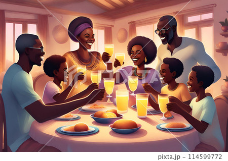 African big family toasting with glasses with lemonade while having holiday dinner together at table at home 114599772