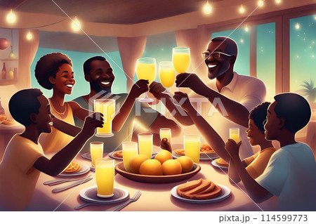 African big family toasting with glasses with lemonade while having holiday dinner together at table at home 114599773