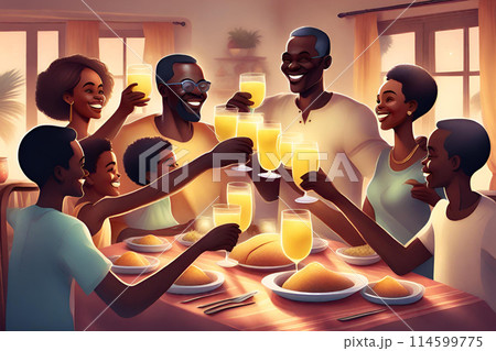 African big family toasting with glasses with lemonade while having holiday dinner together at table at home 114599775