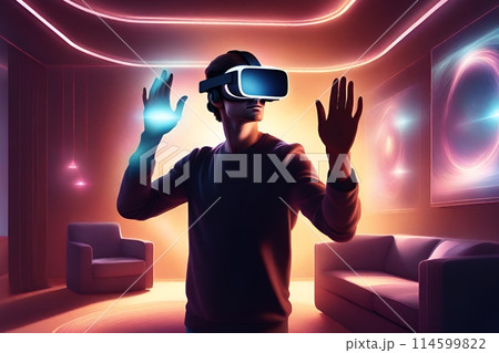 adult leaning using VR AR headset. 114599822