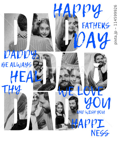 Moments of love. Tender and joyful moments between father and daughter. Celebrating holiday and greeting dad. Creative conceptual design. Happy Father Day 114599926