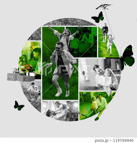Family bonding. Collage with joyful moments between father and daughter, showing love and care. Creative conceptual design. Happy Father Day 114599946