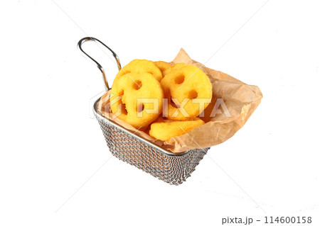 A basket of mashed potatoes in the form of smiles. Baby food. Funny food. Children's menu. Copy space. Isolated object. 114600158