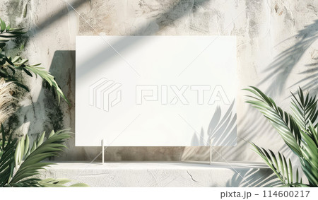 Mock up for Blank white Poster Frame in the interior with tropical flowers 114600217