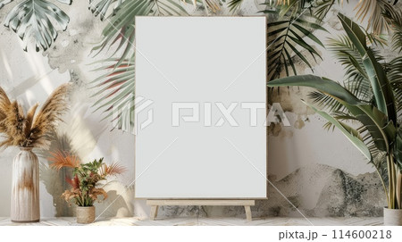 Mock up for Blank white Poster Frame in the interior with tropical flowers 114600218
