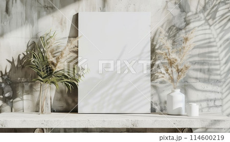 Mock up for Blank white Poster Frame in the interior with tropical flowers 114600219