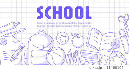 Banner with school supplies, vector minimalist design, checkered background. Backpack, basketball, sheet of paper, open book, calculator and stationery. For poster, flyer, web, business Banner with school supplies, vector minimalist design, checkered background. Backpack, basketball, sheet of paper, open book, calculator and stationery. For poster, flyer, web, business 114601064