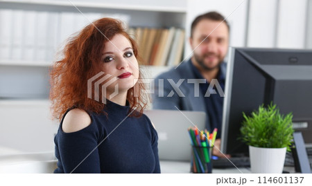young beautiful red haired woman sit at table in office in cabinet of her boss young beautiful red haired woman sit at table in office in cabinet of her boss 114601137