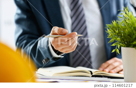 Male arm in suit and tie hold silver pen 114601217