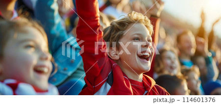 Family with kids cheering for their sports team 114601376