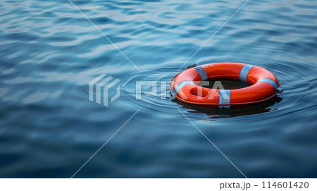 Lifebuoy on Calm Ocean Water under Cloudy Sky Lifebuoy on Calm Ocean Water under Cloudy Sky 114601420