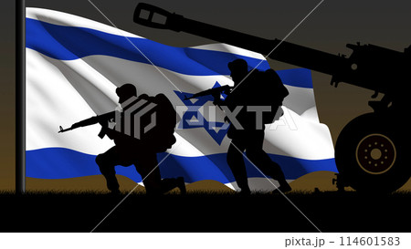 Silhouette of two soldiers and a war cannon, with the Israeli flag in the background 114601583