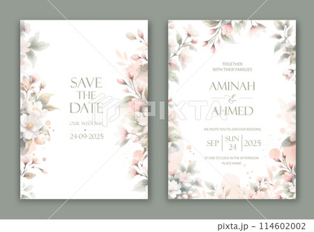 Wedding Invitation with delicate watercolor buds and leaves of jasmine. Wedding Invitation with delicate watercolor buds and leaves of jasmine. 114602002