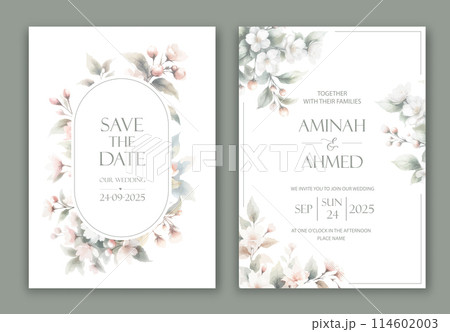 Wedding Invitation with delicate watercolor buds and leaves of jasmine. 114602003