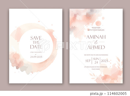 Wedding Invitation with pink watercolor spots, blurs and paint drips. 114602005