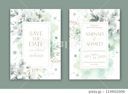 Wedding Invitation with delicate watercolor buds and leaves of jasmine. Wedding Invitation with delicate watercolor buds and leaves of jasmine. 114602006