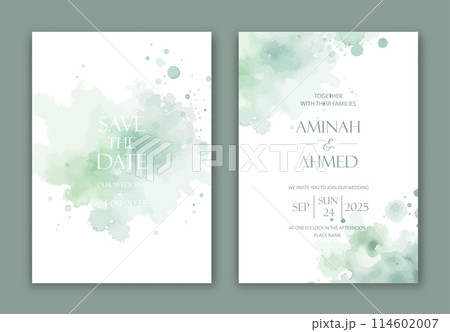 Wedding Invitation with green watercolor spots, blurs and paint drips. 114602007
