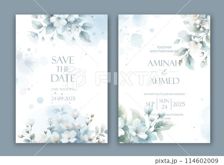 Wedding Invitation with delicate watercolor buds and leaves of jasmine. Wedding Invitation with delicate watercolor buds and leaves of jasmine. 114602009