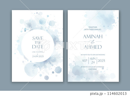 Wedding Invitation with watercolor spots, blurs and paint drips. Wedding Invitation with watercolor spots, blurs and paint drips. 114602013