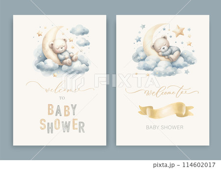 Cute baby shower watercolor invitation card for baby and kids new born celebration. With clouds, moon, stars, teddy bear and calligraphy inscription. 114602017