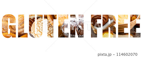 Big letters Gluten free. Gluten Free loaf of breads on display in a health food bread. Concept photo of healthy bread. Gluten free food lifestyle. 114602070