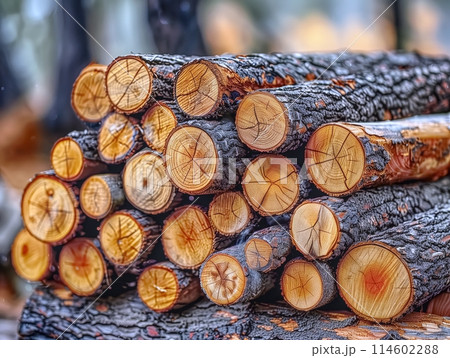 stack of freshly cut logs 114602288