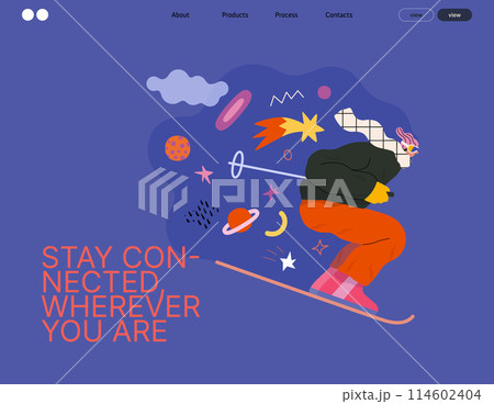 Life Unframed: Cosmic skier -modern flat vector concept illustration of a man skiing in the space. Metaphor of unpredictability, imagination, whimsy, cycle of existence, play, growth and discovery 114602404