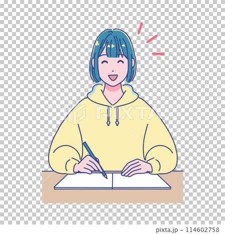 Anime-style female student studying at a desk 114602758