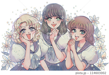 昭和の少女漫画風・微笑むお嬢様学校の生徒達のイラスト 114603002