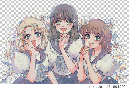 昭和の少女漫画風・微笑むお嬢様学校の生徒達のイラスト 114603002