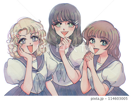 レトロ少女漫画・驚き微笑むお嬢様取り巻き達のイラスト 114603005
