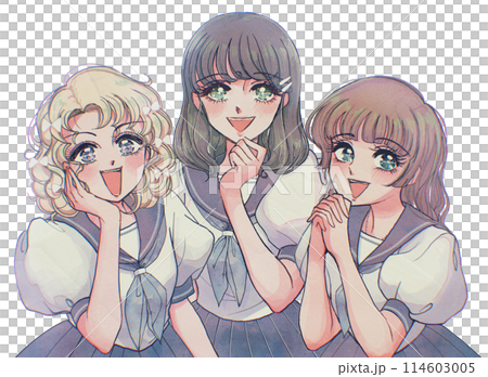 レトロ少女漫画・驚き微笑むお嬢様取り巻き達のイラスト 114603005