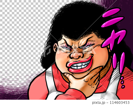 Illustration of an older woman grinning with her hand on her chin 114603453