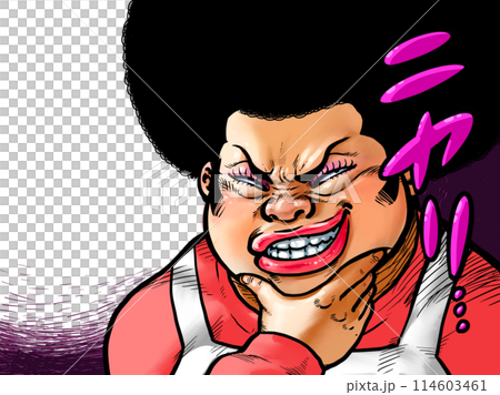 Illustration of an older woman grinning with her hand on her chin 114603461