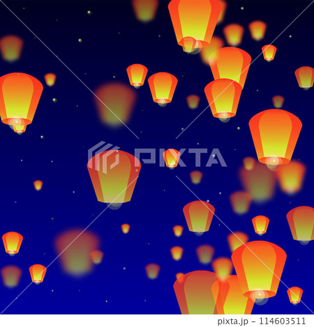 Chiang Mai celebration of Loy Krathong. Thailand holiday with paper lantern lights flying in the night sky. Chiang Mai cultural tradition. Vector illustration on dark blue background. 114603511