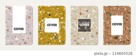 Brochure cover design. Terrazzo abstract background made of natural stones, granite, quartz and marble. Venetian terrazzo texture brochure template. 114603526